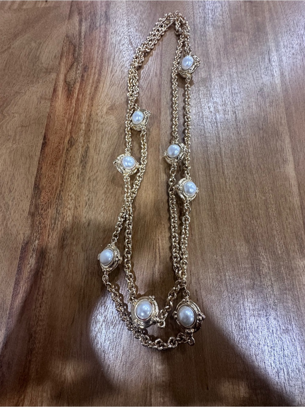 1980s Vintage Heavy Gold Tone 48" Station Necklace, Chunky Pearl Opera Strand